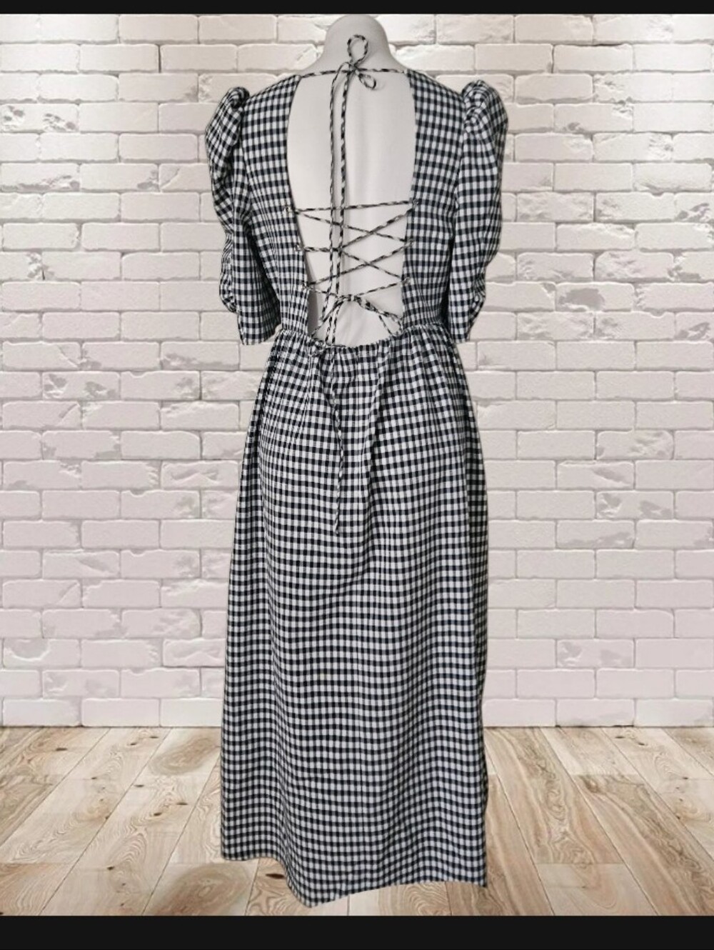 Topshop IBlue and White Gingham Cross Back Smock Midi Dress Size 8 - Picture 3 of 6